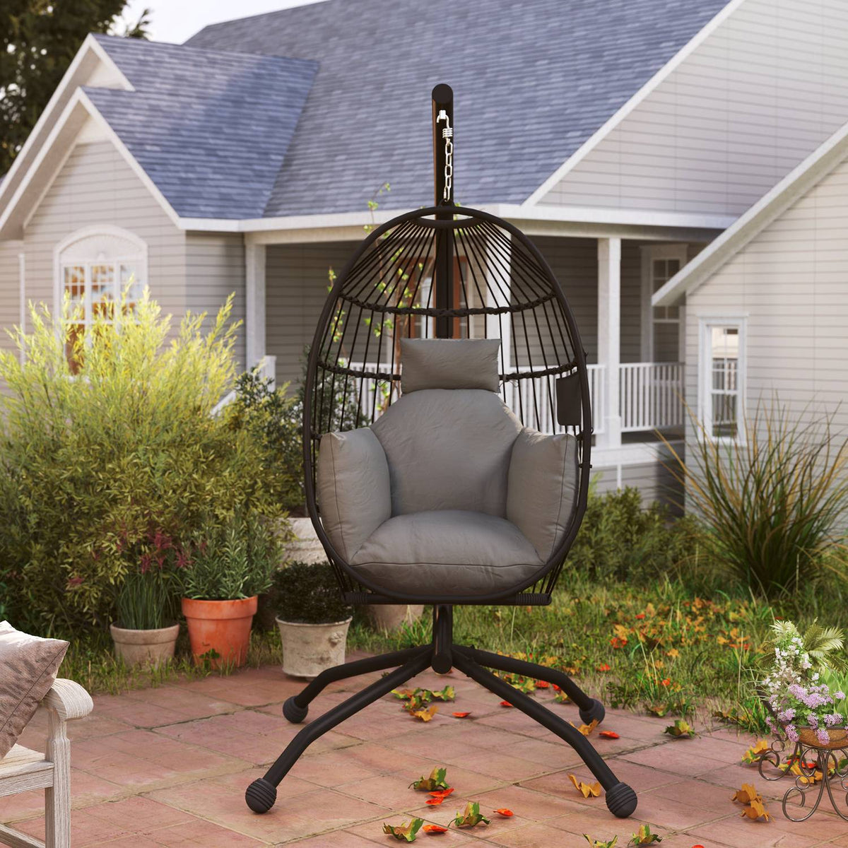 Egg Shaped Outdoor Hanging Chair, Foldable Hanging Swing with Cup Holder, Removable Washable Seat, Frame, Hammock for 1 Person, Swing Chair for Patio, Garden, Black