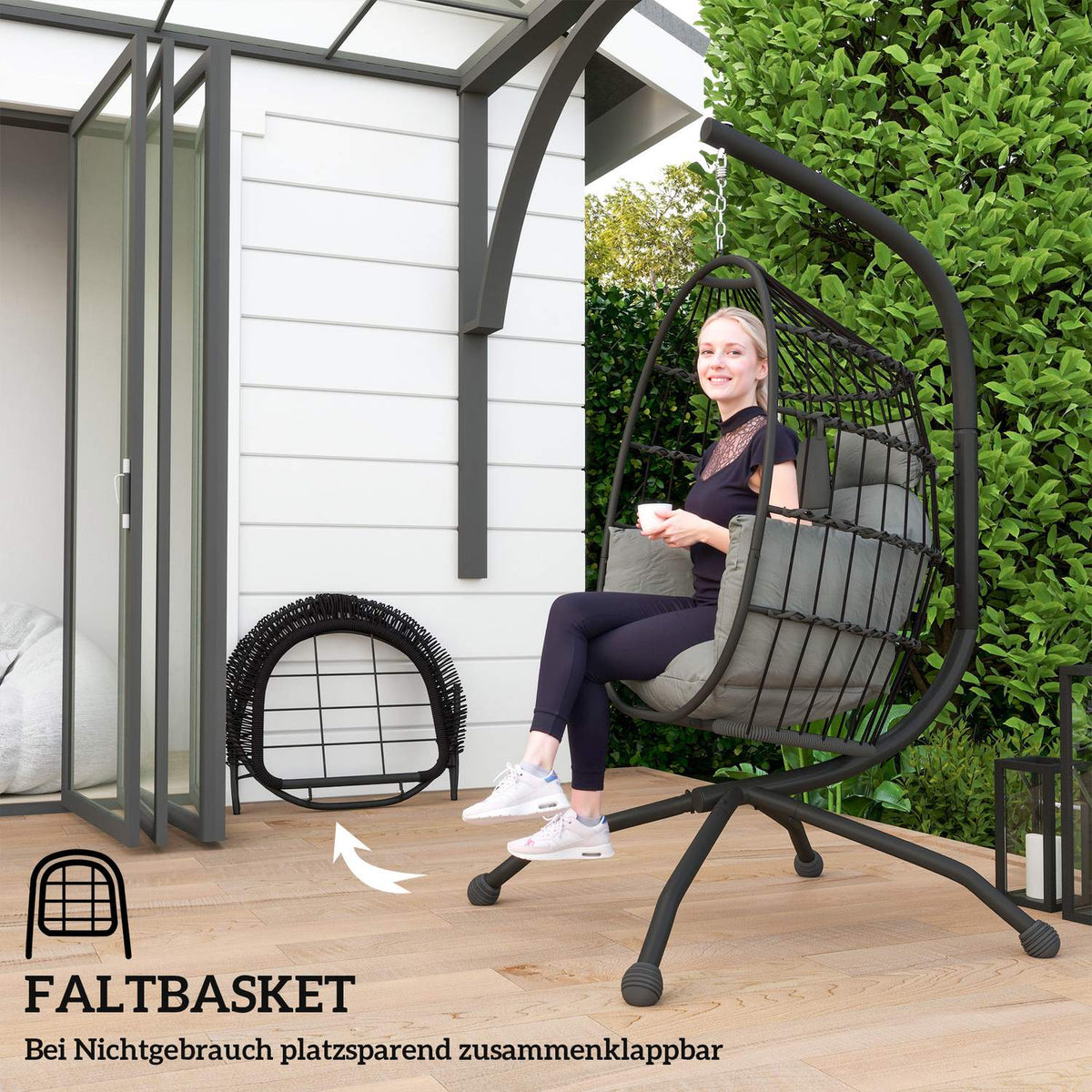 Egg Shaped Outdoor Hanging Chair, Foldable Hanging Swing with Cup Holder, Removable Washable Seat, Frame, Hammock for 1 Person, Swing Chair for Patio, Garden, Black