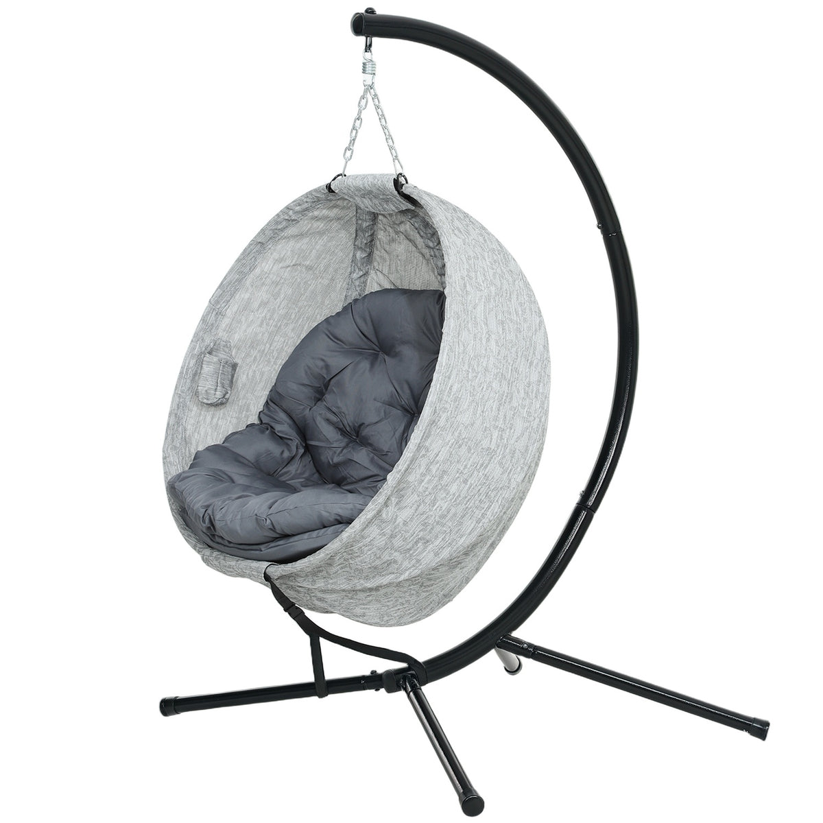 Egg Shaped Outdoor Hanging Chair, Foldable Hanging Swing with Cup Holder, Removable Washable Seat, Frame, Hammock for 1 Person, Swing Chair for Patio, Garden, Gray
