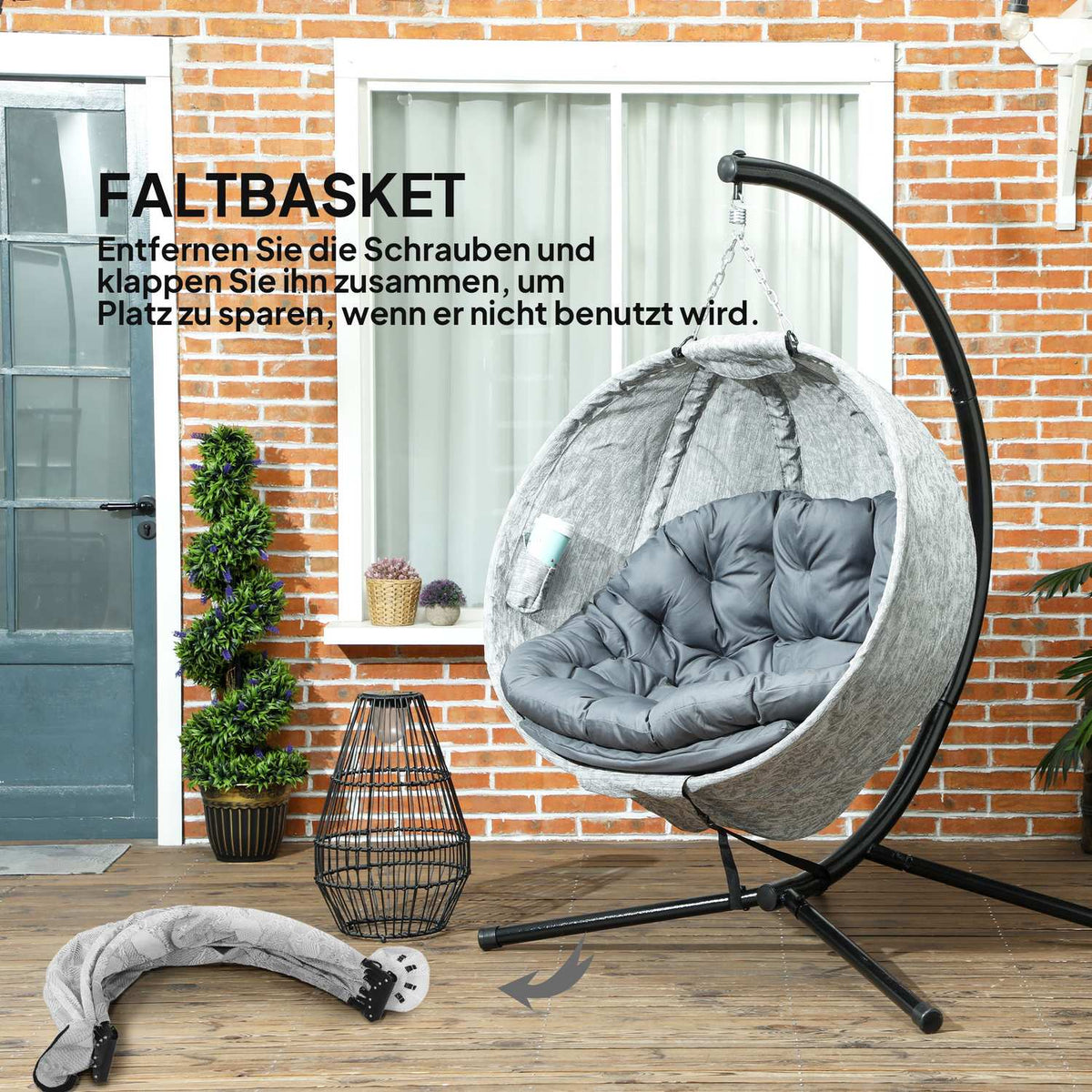 Egg Shaped Outdoor Hanging Chair, Foldable Hanging Swing with Cup Holder, Removable Washable Seat, Frame, Hammock for 1 Person, Swing Chair for Patio, Garden, Gray