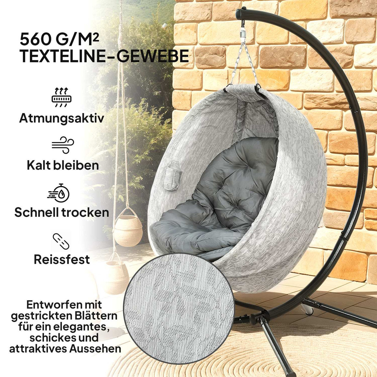 Egg Shaped Outdoor Hanging Chair, Foldable Hanging Swing with Cup Holder, Removable Washable Seat, Frame, Hammock for 1 Person, Swing Chair for Patio, Garden, Gray
