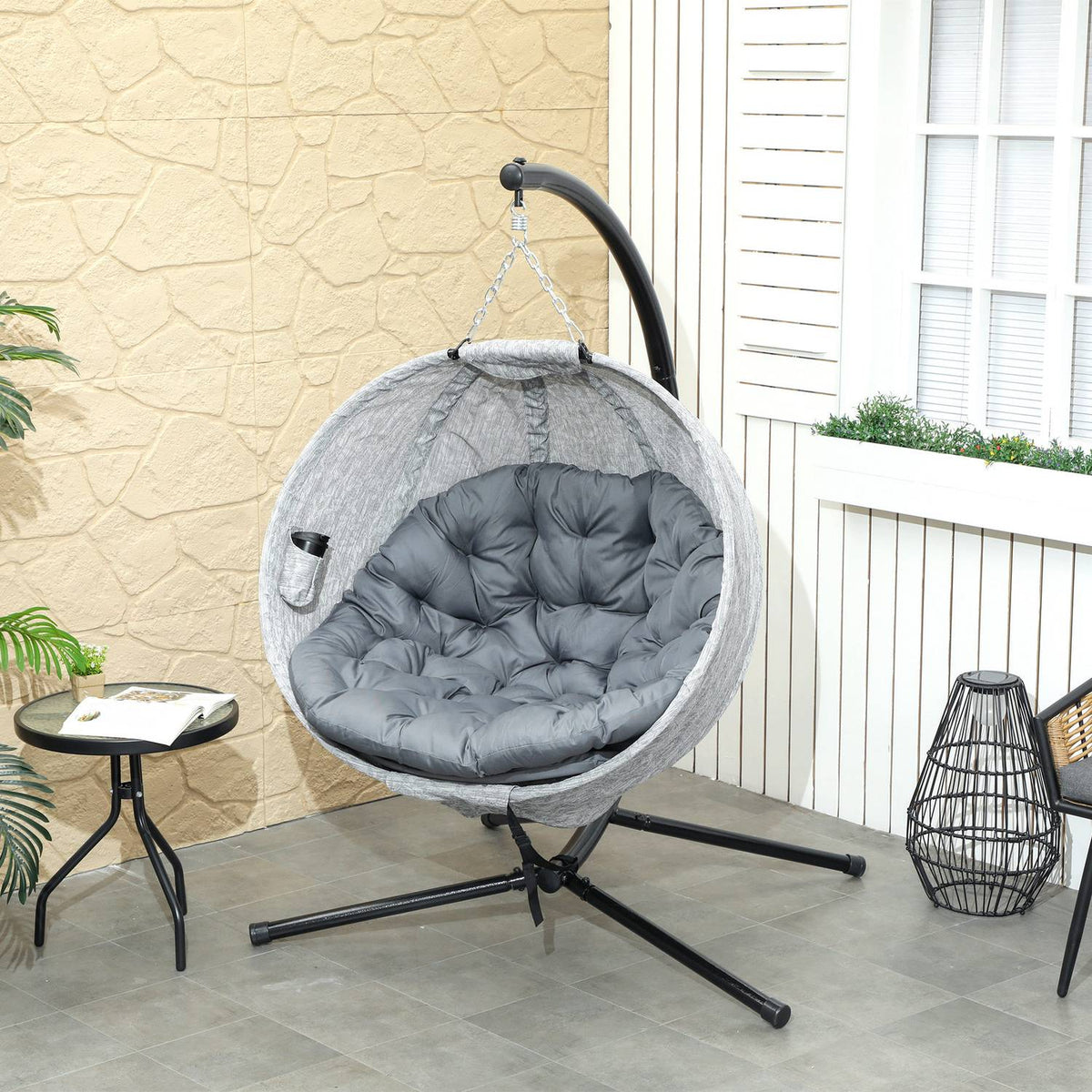 Egg Shaped Outdoor Hanging Chair, Foldable Hanging Swing with Cup Holder, Removable Washable Seat, Frame, Hammock for 1 Person, Swing Chair for Patio, Garden, Gray