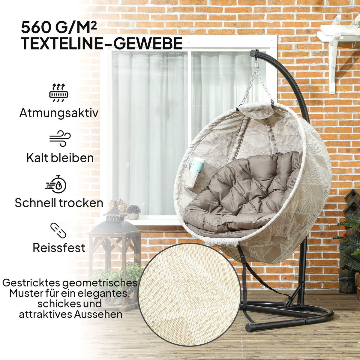 Egg Shaped Outdoor Hanging Chair, Foldable Hanging Swing with Cup Holder, Removable Washable Seat, U Frame, Hammock for 1 Person, Swing Chair for Patio, Garden, Sand
