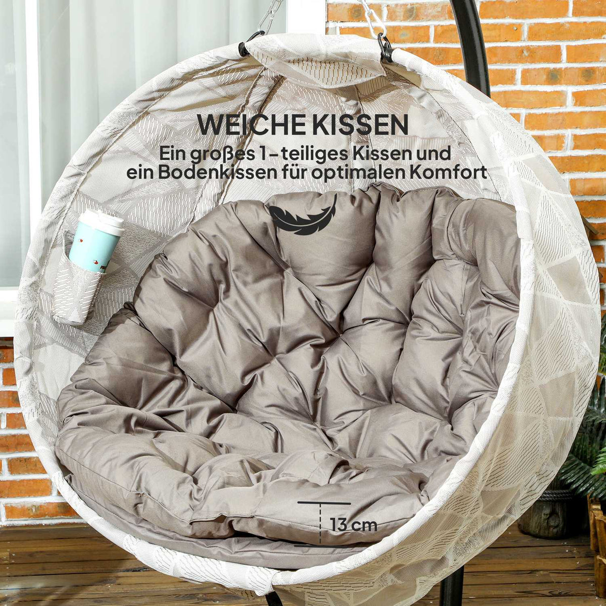 Egg Shaped Outdoor Hanging Chair, Foldable Hanging Swing with Cup Holder, Removable Washable Seat, U Frame, Hammock for 1 Person, Swing Chair for Patio, Garden, Sand