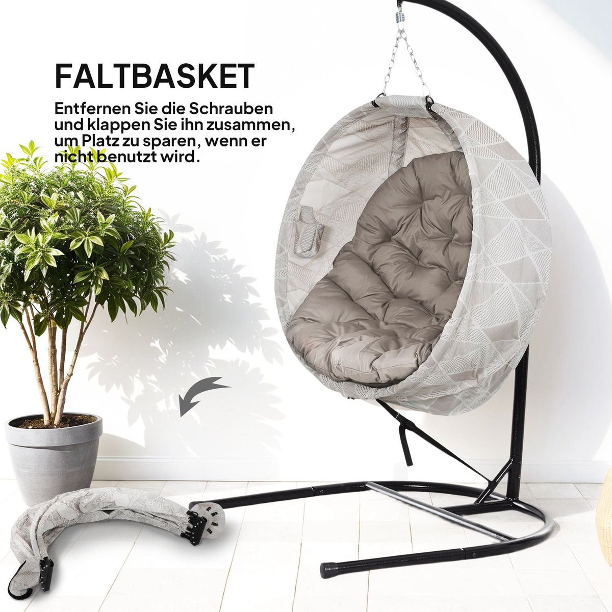 Egg Shaped Outdoor Hanging Chair, Foldable Hanging Swing with Cup Holder, Removable Washable Seat, U Frame, Hammock for 1 Person, Swing Chair for Patio, Garden, Sand