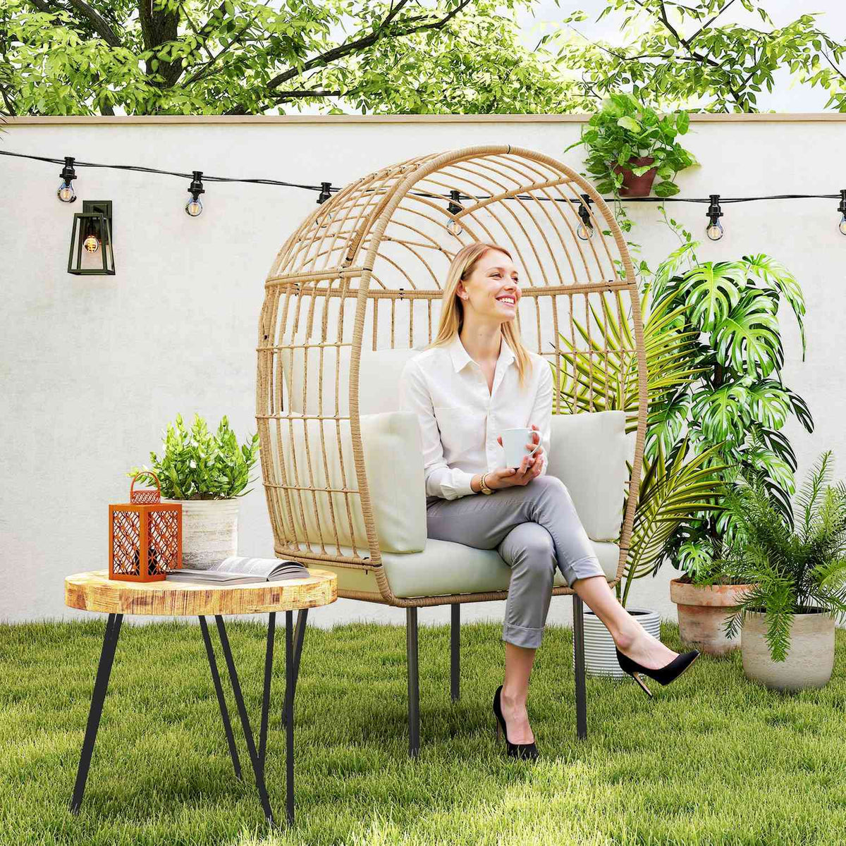 Egg-Shaped Rattan Chair with Removable Cushion, Upholstery, Oversized Outdoor Chair Made of Rattan, Weatherproof Wicker Chair Garden Chair Garden Chairs for Garden Balcony, Porch, Terrace Beige |
