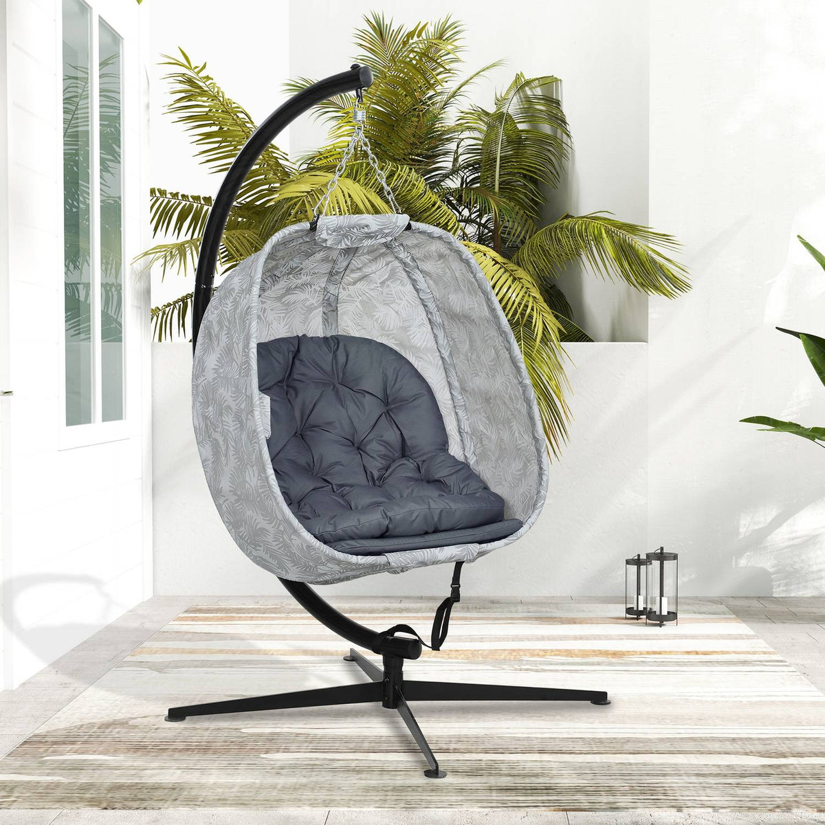 Egg-shaped hanging chair for outdoor use, foldable hanging swing with frame, seat cushions, hammock for 1 person, swing chair indoor outdoor, patio, garden, gray