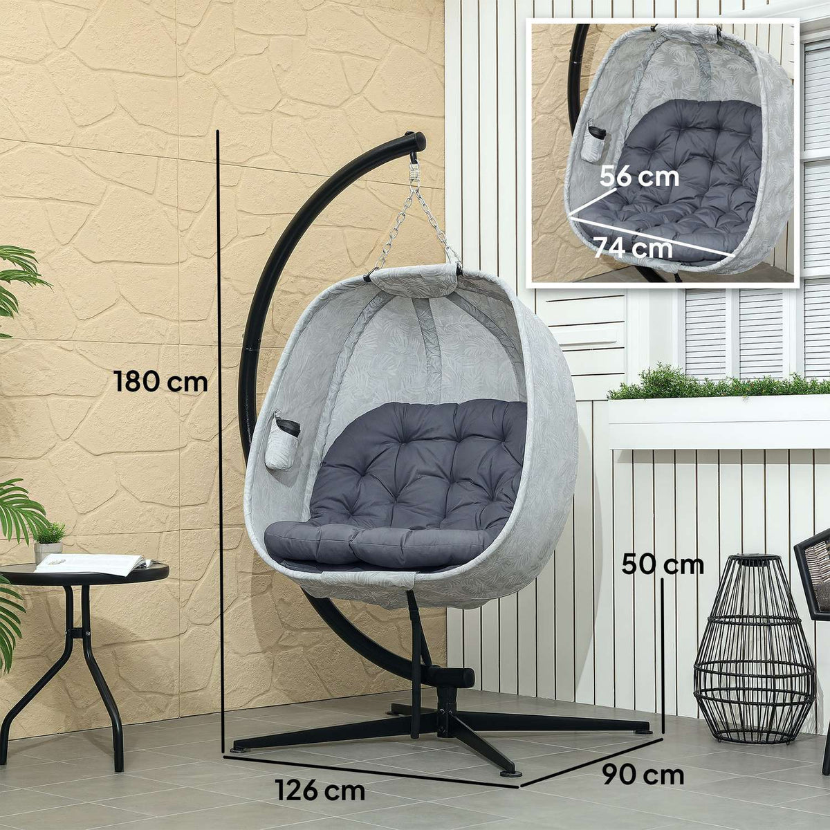 Egg-shaped hanging chair for outdoor use, foldable hanging swing with frame, seat cushions, hammock for 1 person, swing chair indoor outdoor, patio, garden, gray
