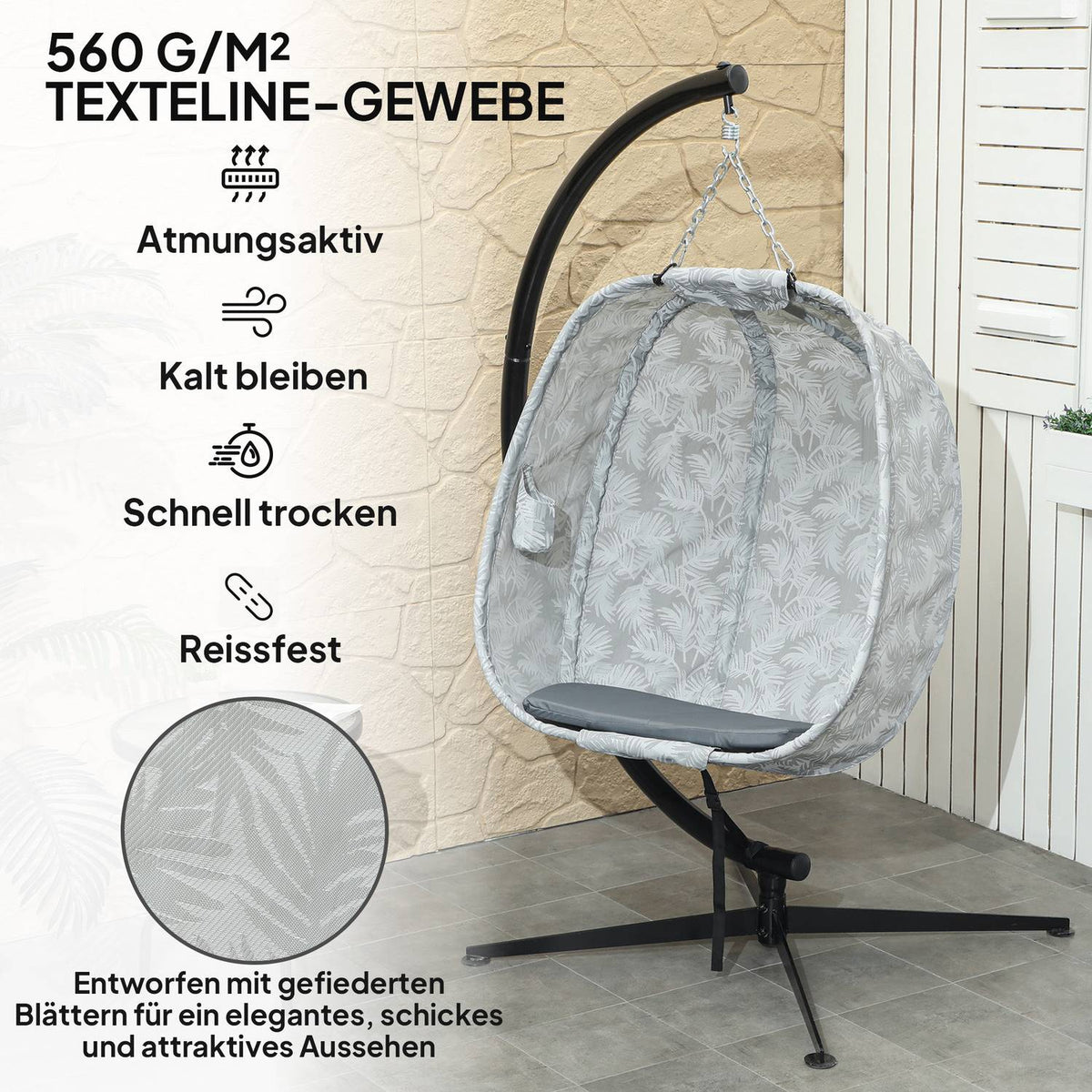 Egg-shaped hanging chair for outdoor use, foldable hanging swing with frame, seat cushions, hammock for 1 person, swing chair indoor outdoor, patio, garden, gray