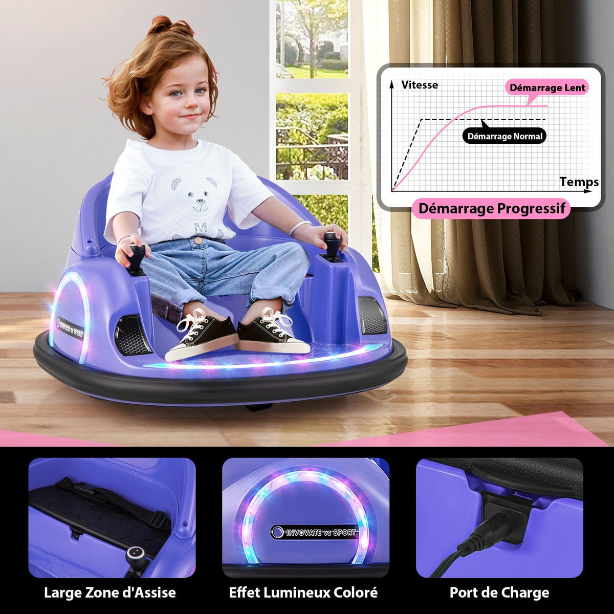 Electric 360 Spin Bumper Car for Kids, 12V, Purple