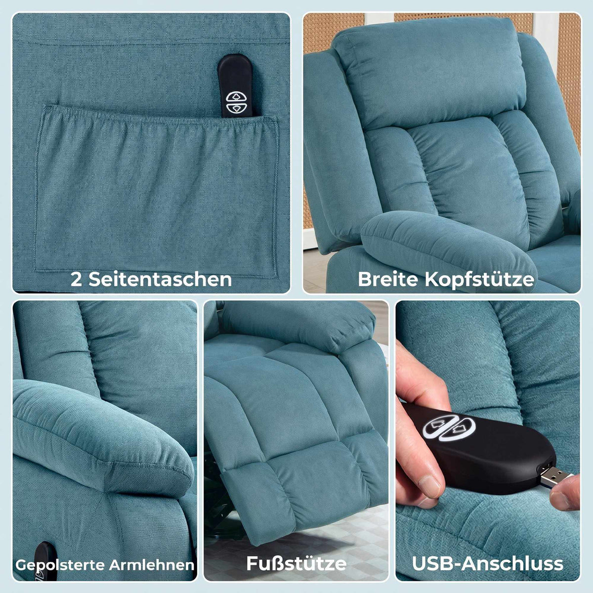 Electric Blue Recliner Chair with Remote & Side Pockets
