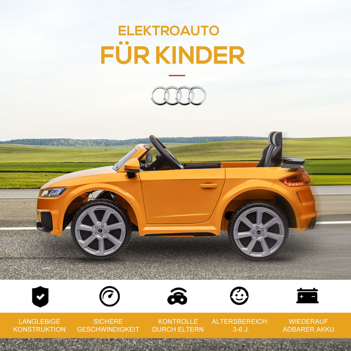 Electric Car Children'S Car Electric Children'S Vehicle With 2.4 G Remote Control, Mp3 Connection, Headlight, Up To 3 Km/H, For 3-5 Years, Yellow
