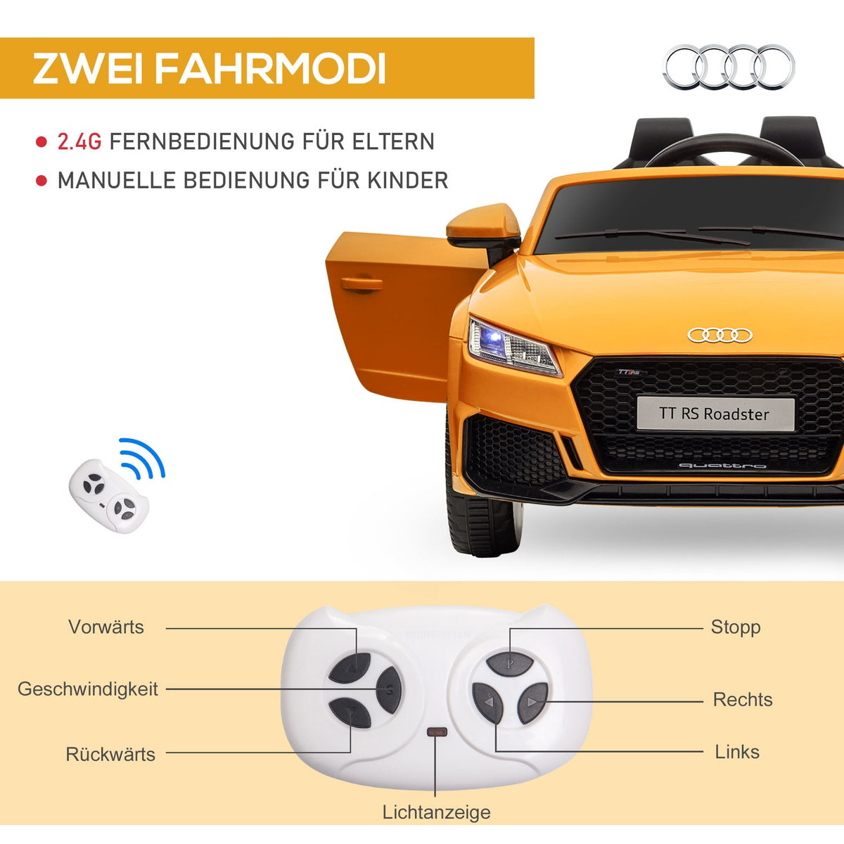 Electric Car Children'S Car Electric Children'S Vehicle With 2.4 G Remote Control, Mp3 Connection, Headlight, Up To 3 Km/H, For 3-5 Years, Yellow
