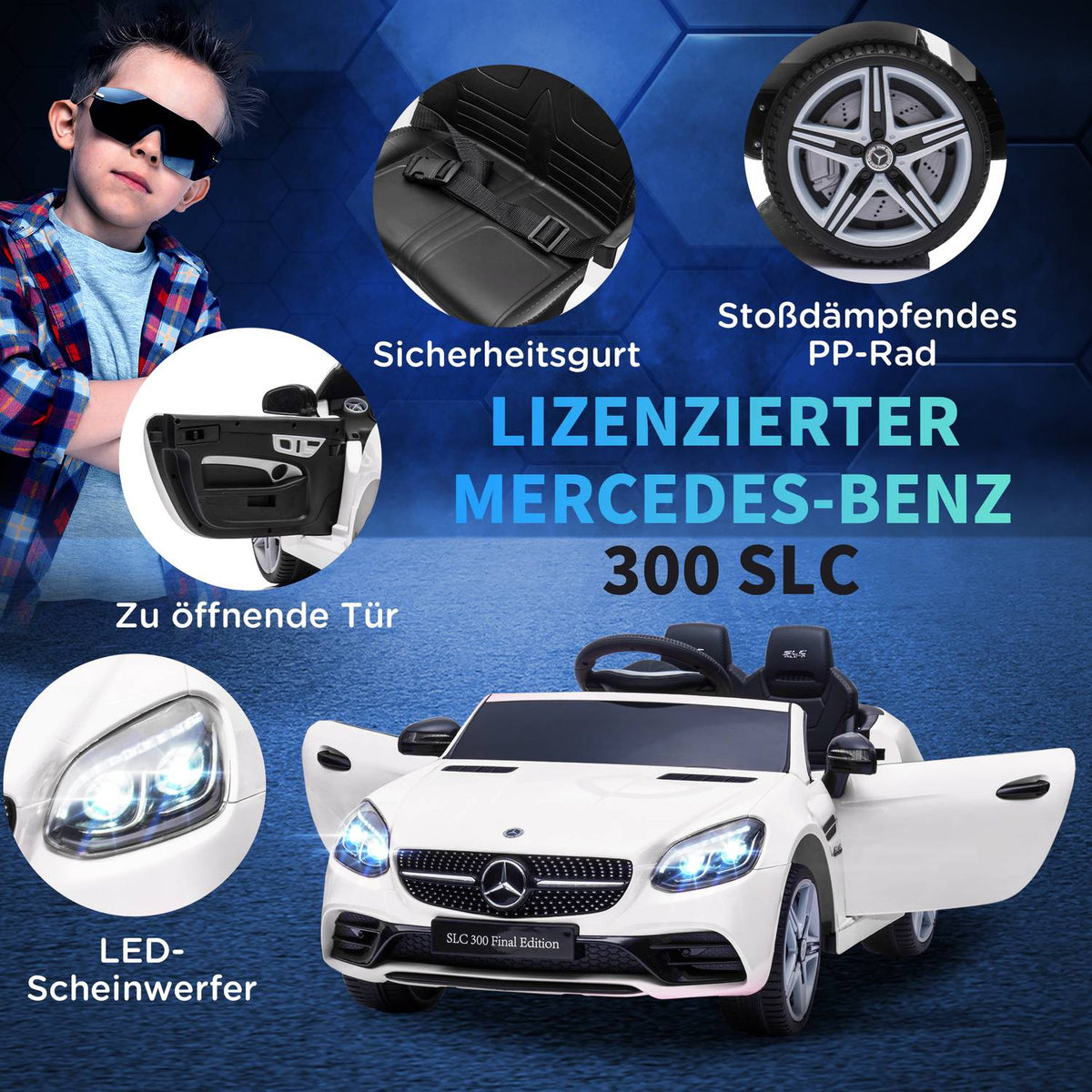 Electric Car For Children Ages 3 And Up, Children'S Vehicle With Remote Control, Children'S Car With Led Headlights, Seat Belt, Horn, Music, White