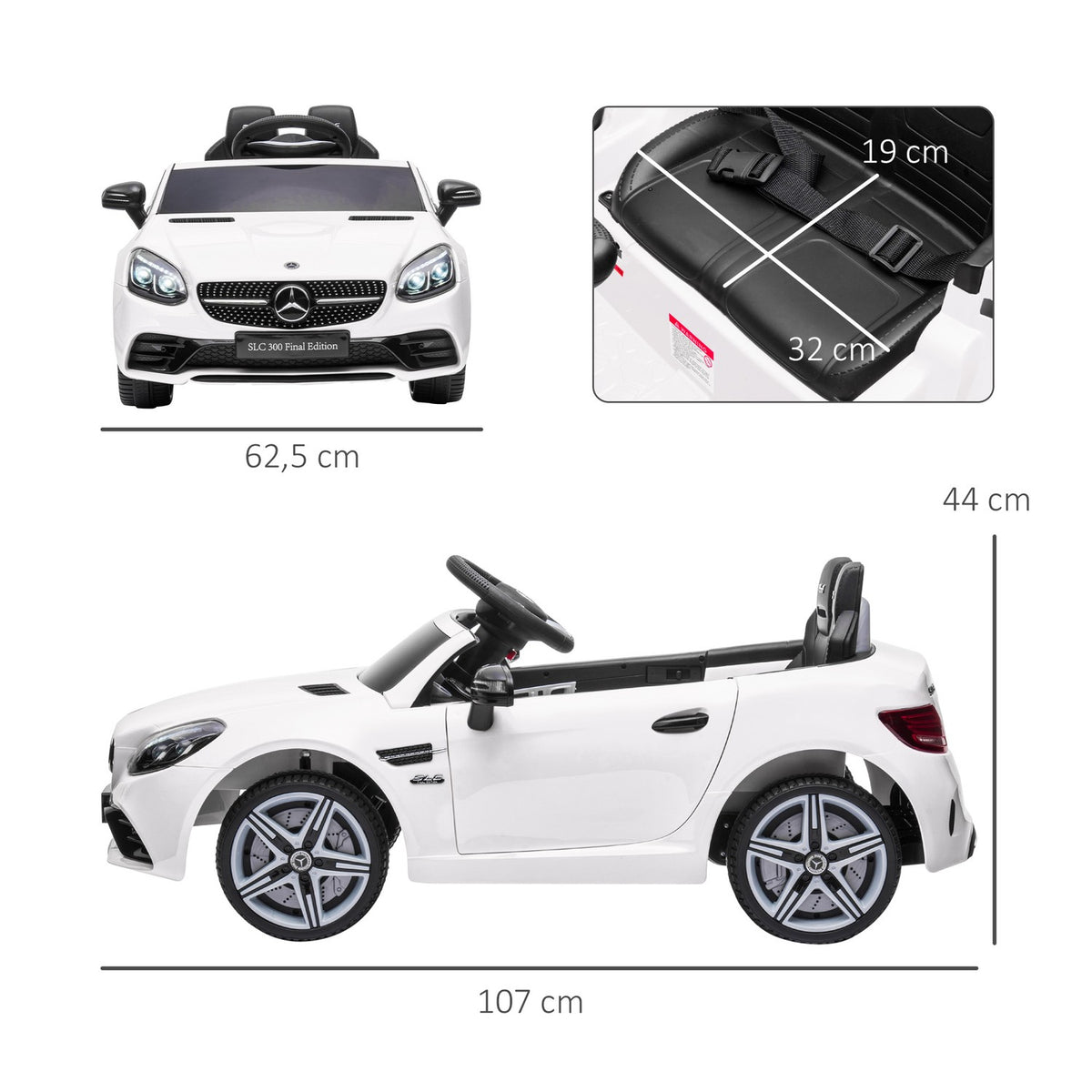 Electric Car For Children Ages 3 And Up, Children'S Vehicle With Remote Control, Children'S Car With Led Headlights, Seat Belt, Horn, Music, White