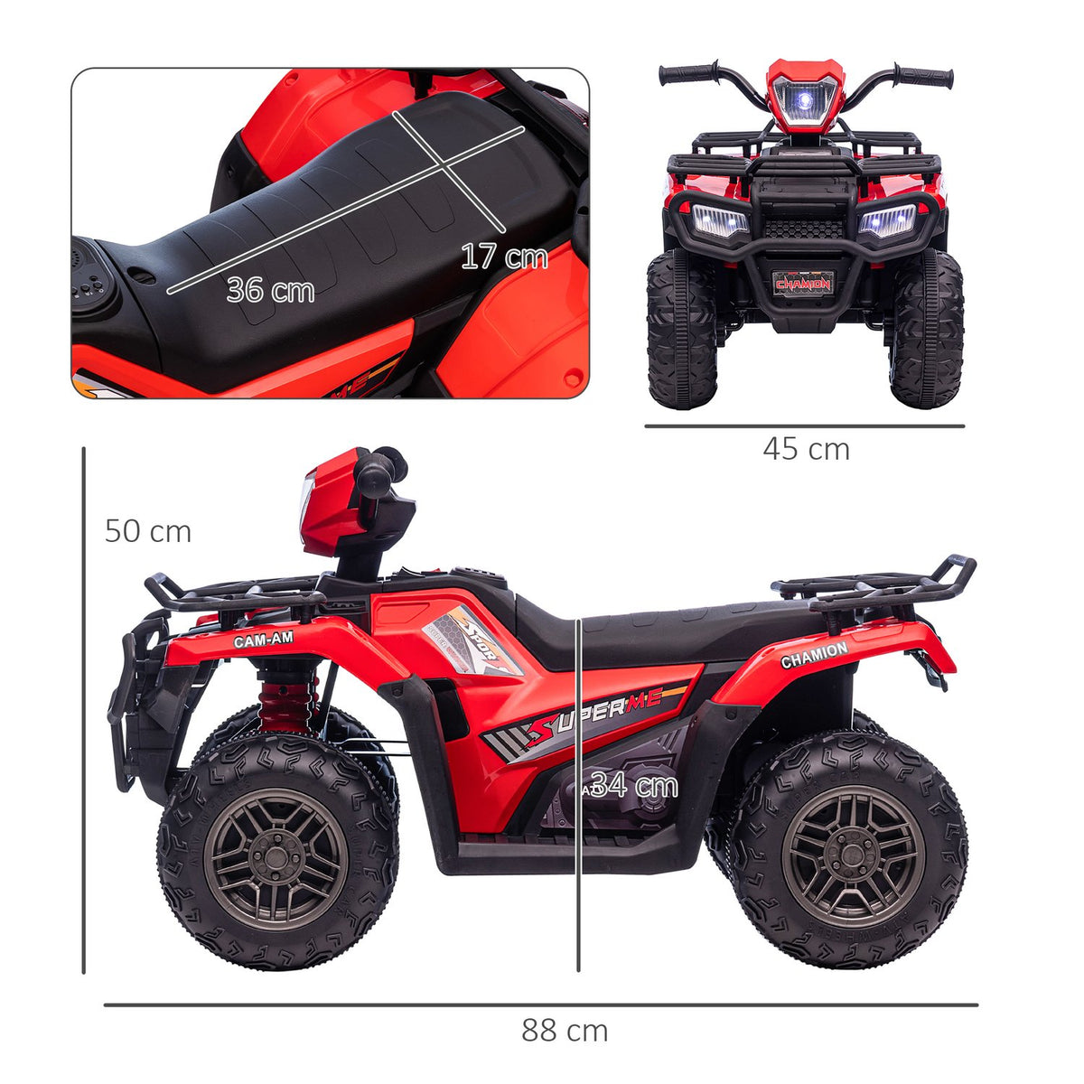 Electric Children'S Quad With Led And Music, Electric Car, Children'S Vehicle For Children Aged 3 And Over, Children'S Motorcycle, Black + Red, 88 X 45 X 50 Cm