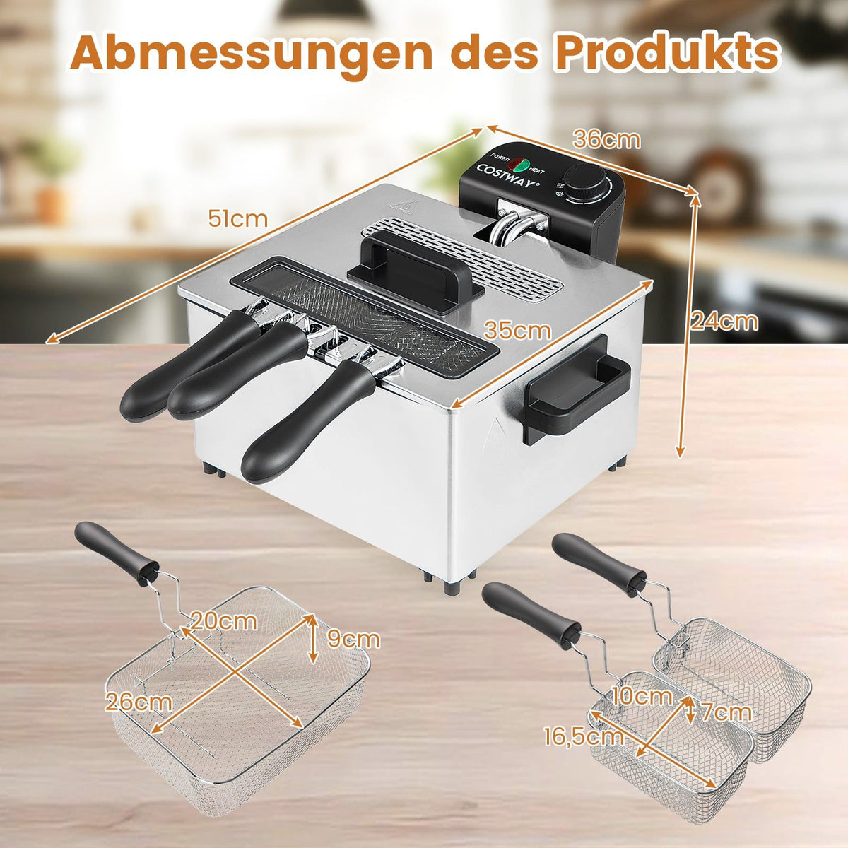 Electric Deep Fryer, 2000W, 5L, 3 Baskets, Adjustable Temp