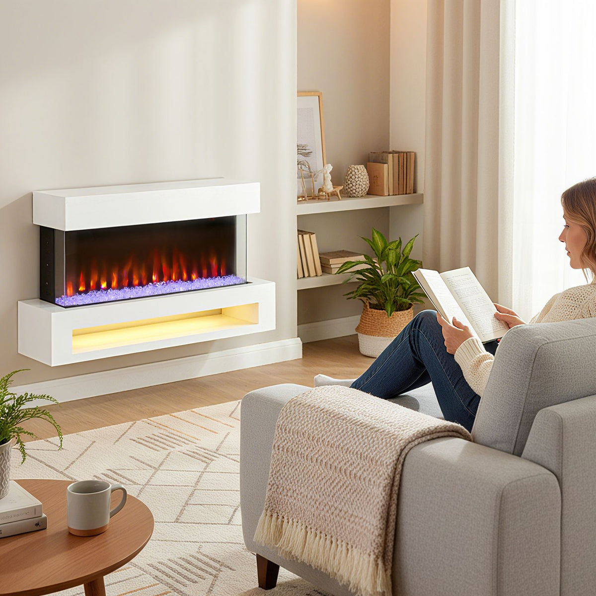 Electric Fireplace, 11 Flame Colors, 1000W/2000W, Remote