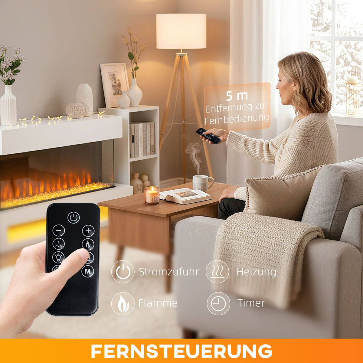Electric Fireplace, 11 Flame Colors, 1000W/2000W, Remote