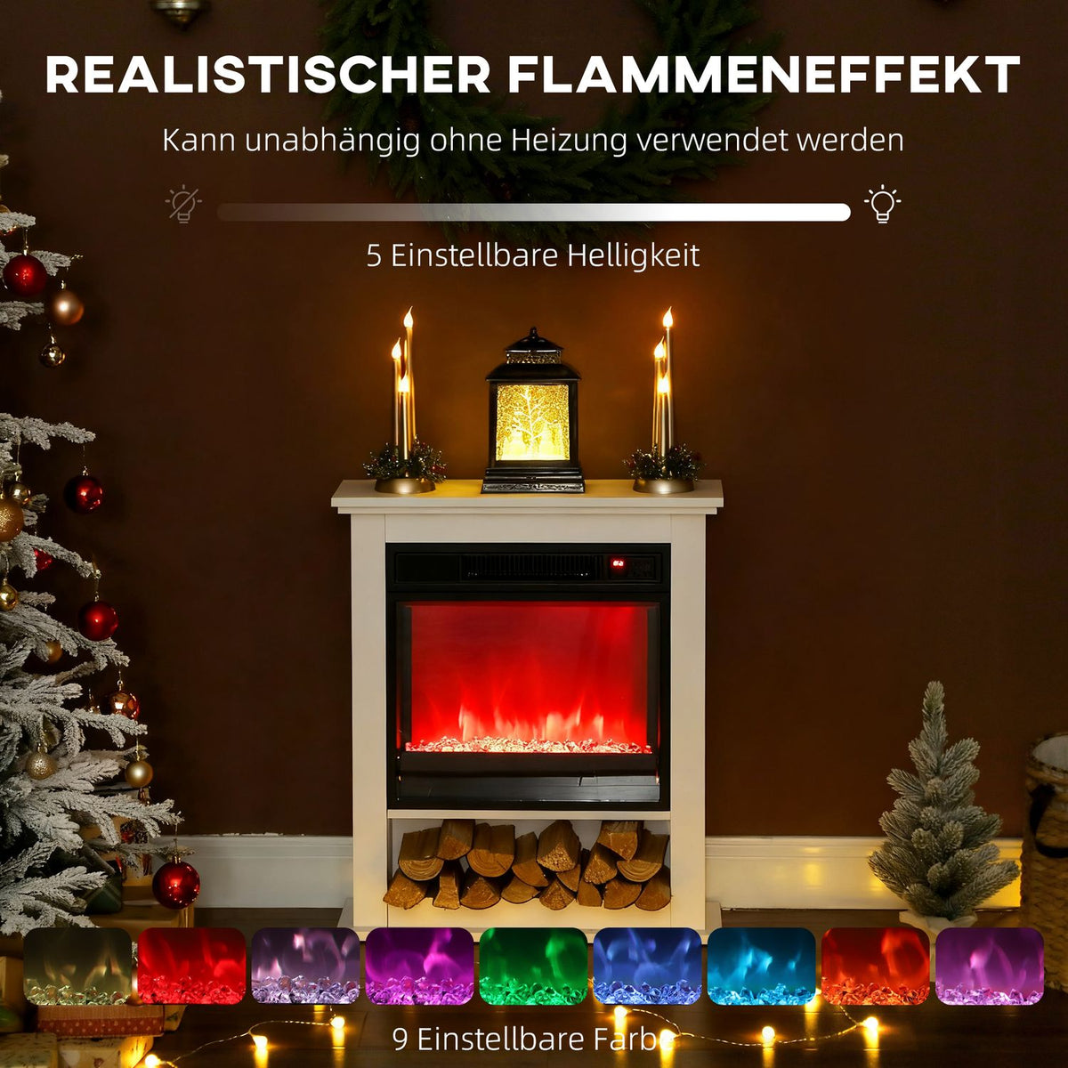Electric Fireplace, 1800W, 9 Flame Colors, Remote Control