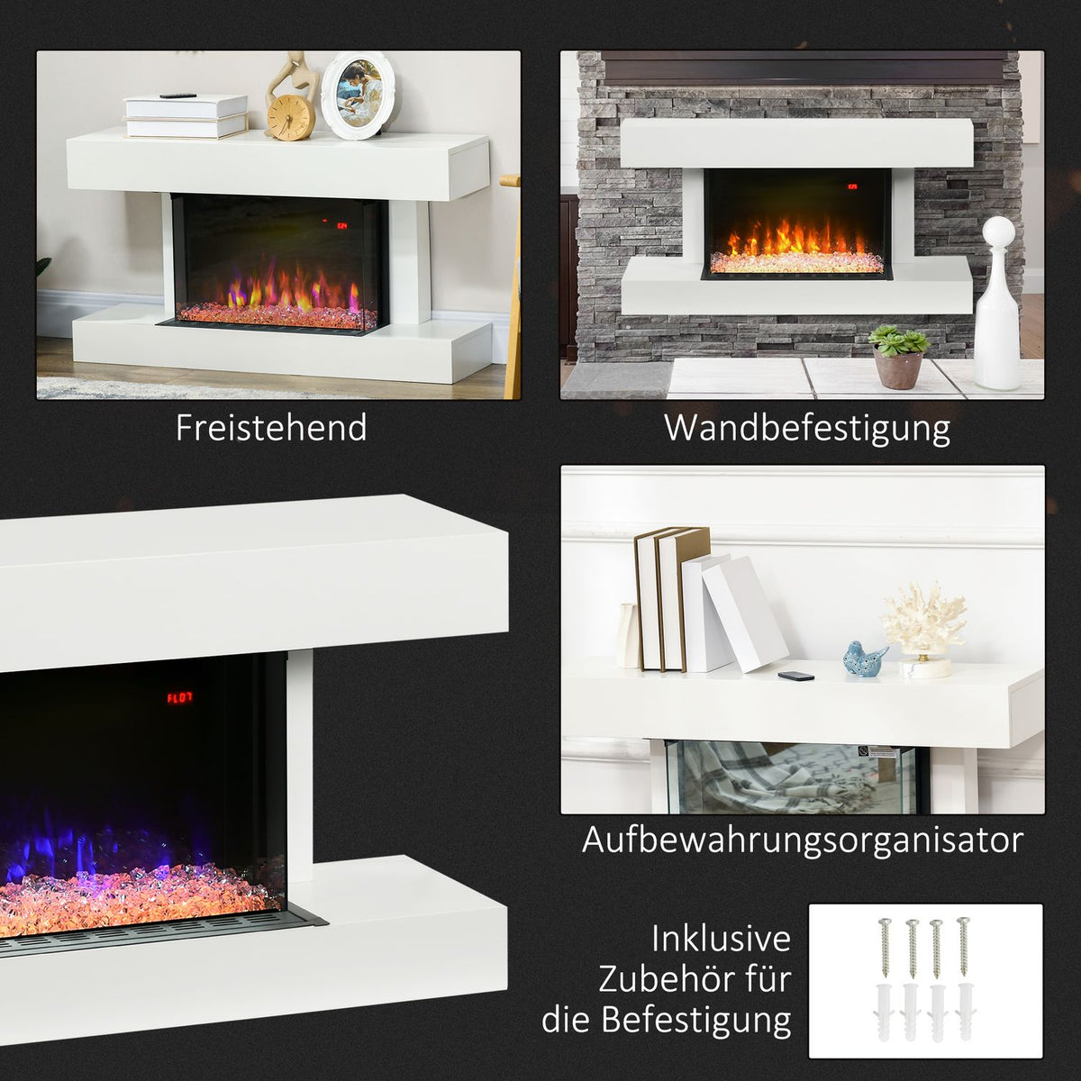 Electric Fireplace, Adjustable Heat, LED Flame, White