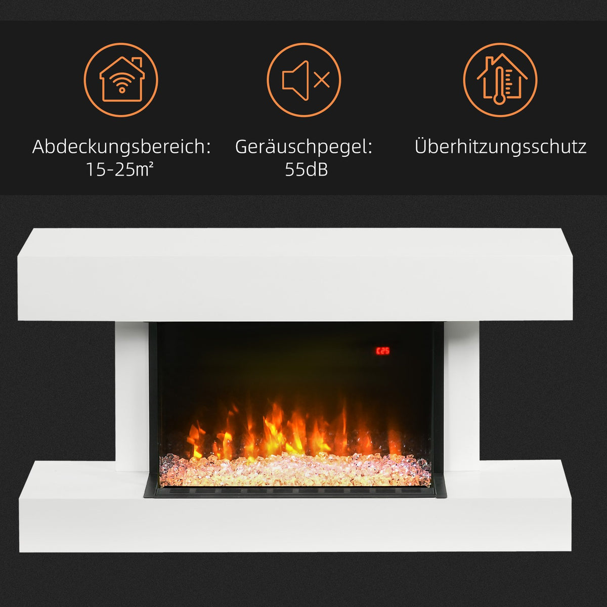 Electric Fireplace, Adjustable Heat, LED Flame, White