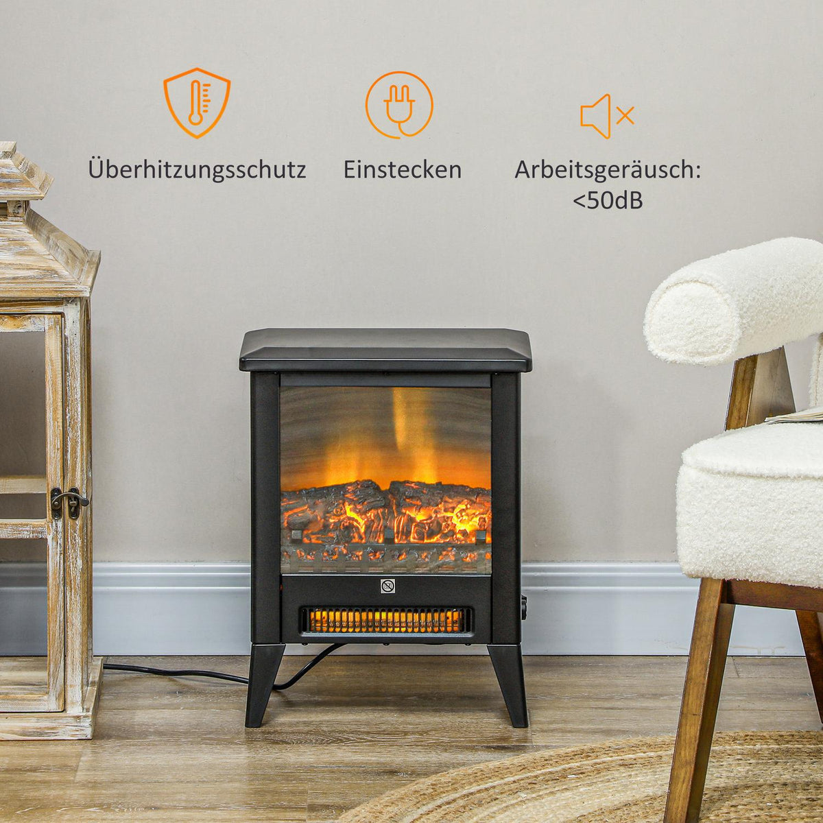 Electric Fireplace Electric Fireplace with Heater, LED Flame Effect, 1800W Freestanding Fireplace with Low Noise, Overheat Protection for Living Room, Bedroom, Black