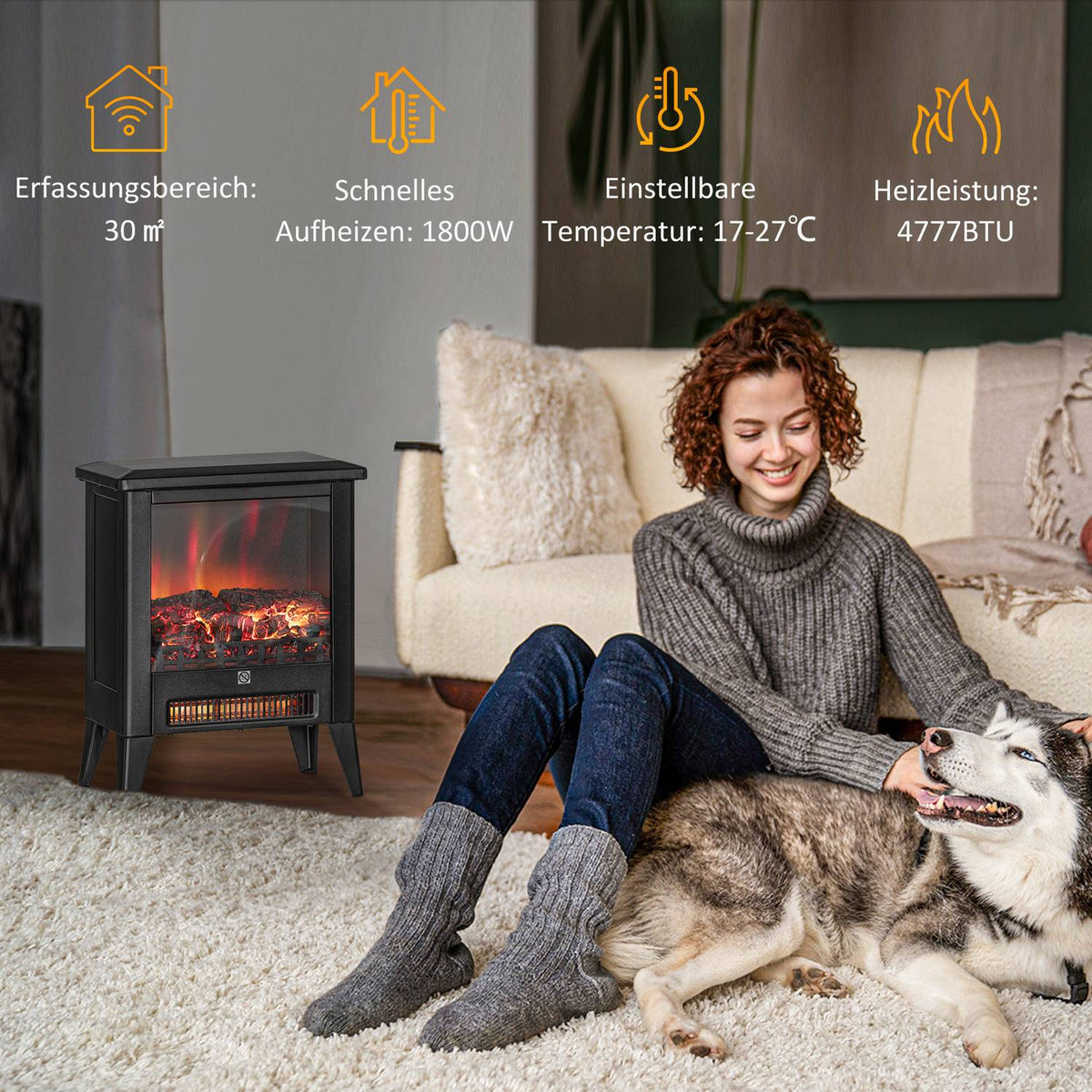 Electric Fireplace Electric Fireplace with Heater, LED Flame Effect, 1800W Freestanding Fireplace with Low Noise, Overheat Protection for Living Room, Bedroom, Black