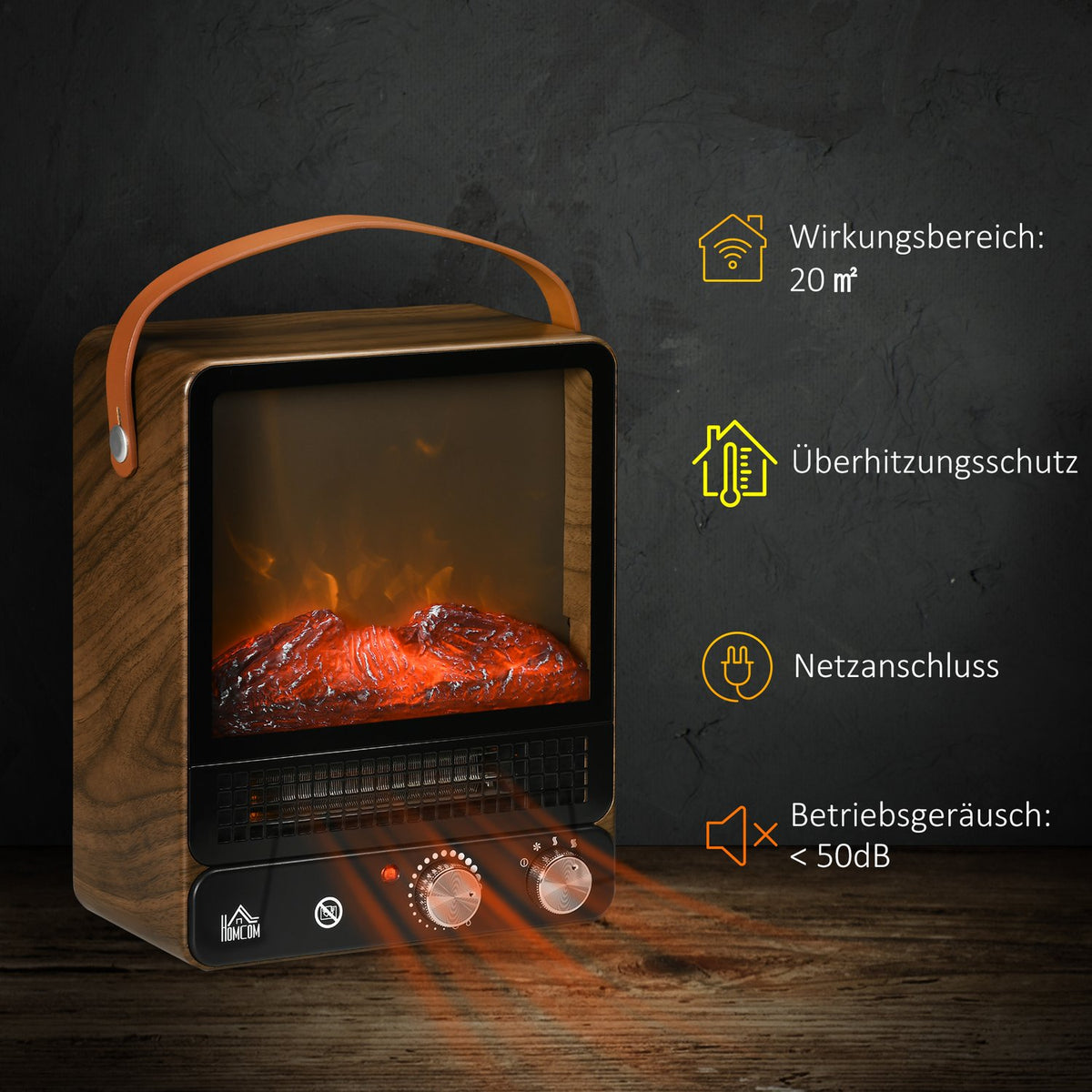 Electric Fireplace With Flame Effect, Low-Noise Free-Standing Fireplace With Handle, Adjustable Fireplace, 750/1500W Interior Heating With Overheating Protection
