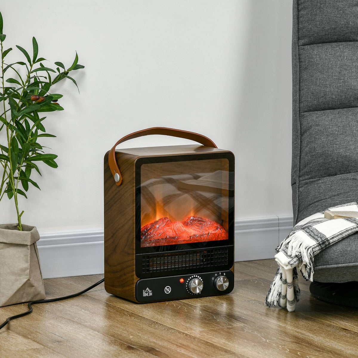 Electric Fireplace With Flame Effect, Low-Noise Free-Standing Fireplace With Handle, Adjustable Fireplace, 750/1500W Interior Heating With Overheating Protection
