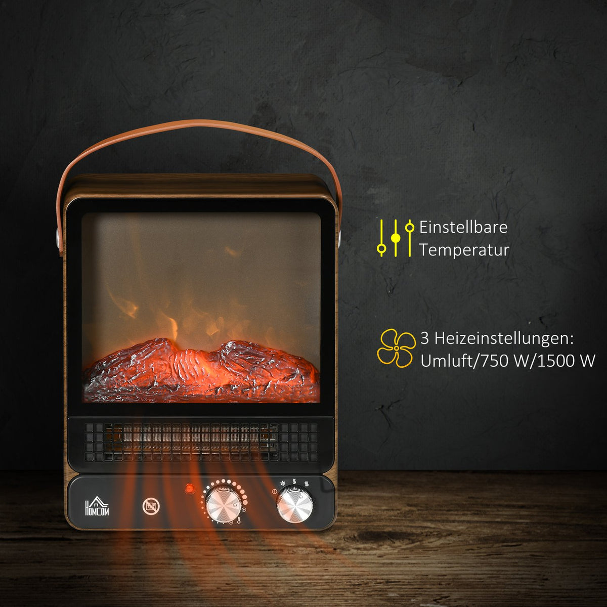 Electric Fireplace With Flame Effect, Low-Noise Free-Standing Fireplace With Handle, Adjustable Fireplace, 750/1500W Interior Heating With Overheating Protection