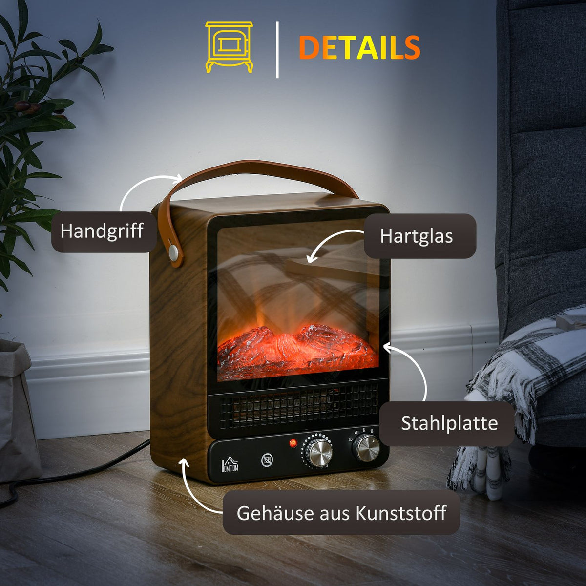Electric Fireplace With Flame Effect, Low-Noise Free-Standing Fireplace With Handle, Adjustable Fireplace, 750/1500W Interior Heating With Overheating Protection