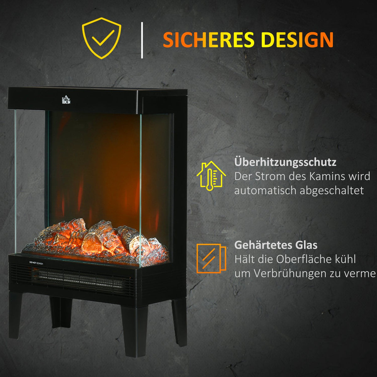 Electric Fireplace with LED Flame, 1000/2000W, Black