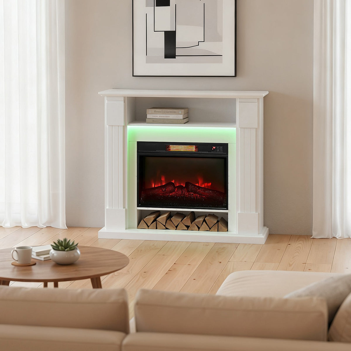 Electric Fireplace with LED Lights, 1800W, White, 2 Remotes