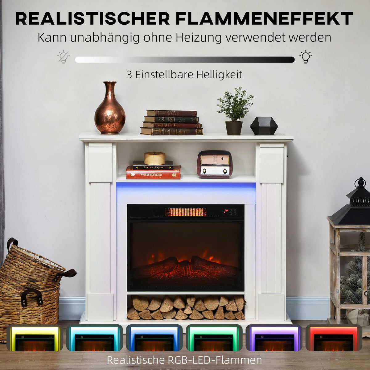 Electric Fireplace with LED Lights, 1800W, White, 2 Remotes