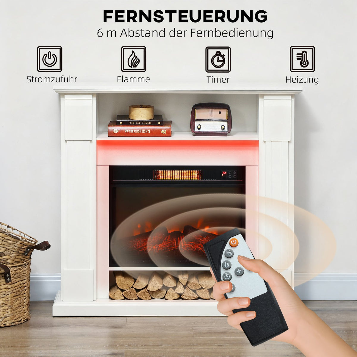 Electric Fireplace with LED Lights, 1800W, White, 2 Remotes