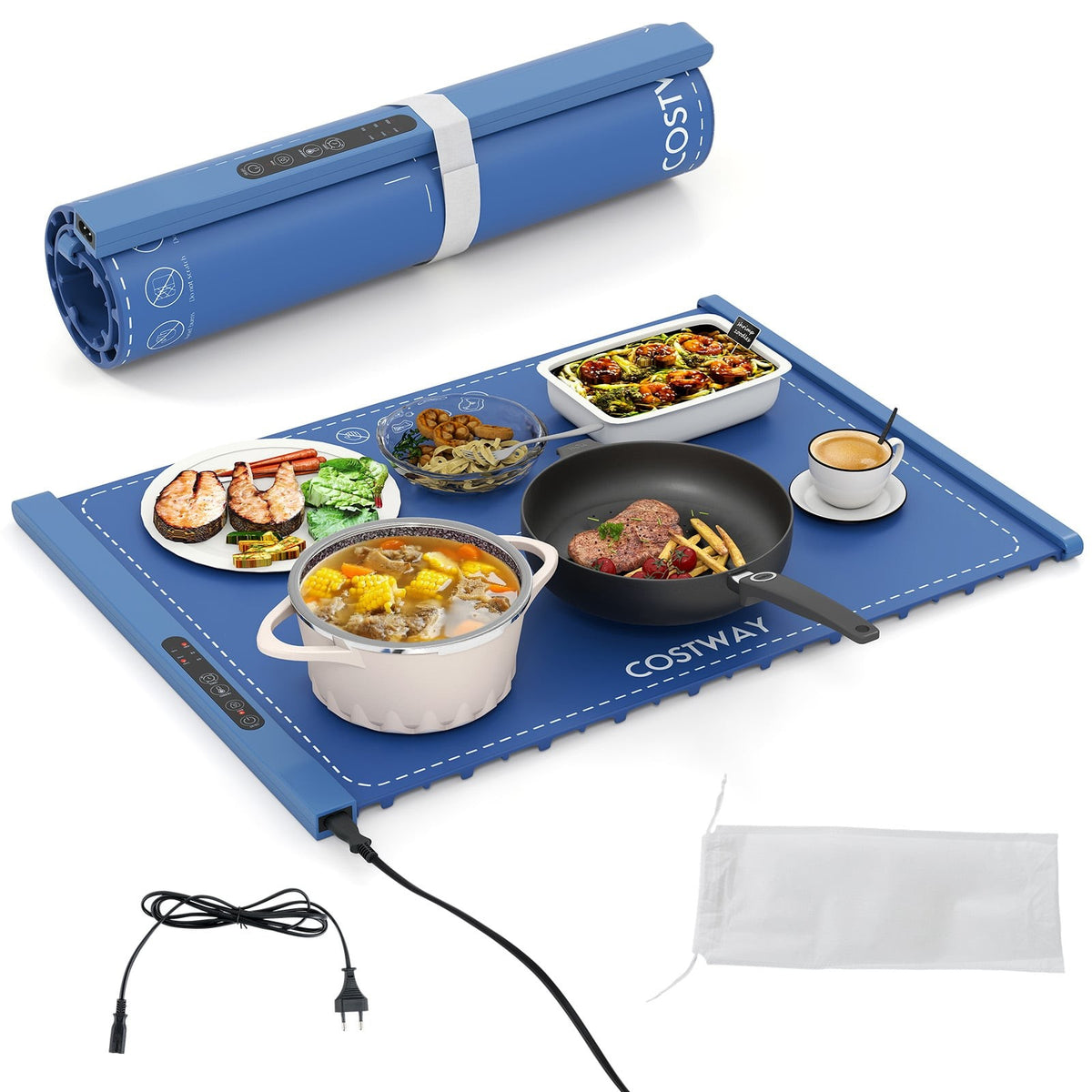Electric Food Warming Mat, Silicone, Adjustable Temp, Blue