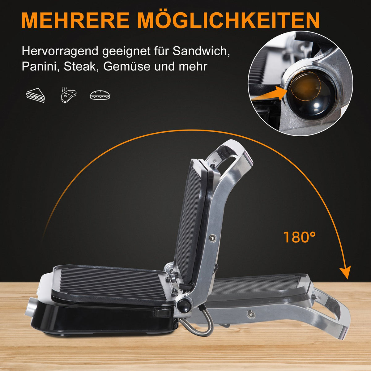 Electric Grill Contact Grill 95° Foldable, Optigrill, Intelligent Time Control, 2100W, 8 Modes, 38X33X20Cm