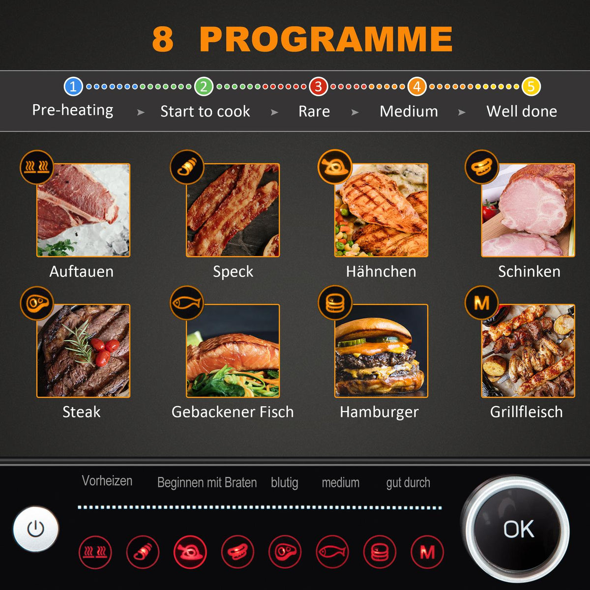 Electric Grill Contact Grill 95° Foldable, Optigrill, Intelligent Time Control, 2100W, 8 Modes, 38X33X20Cm
