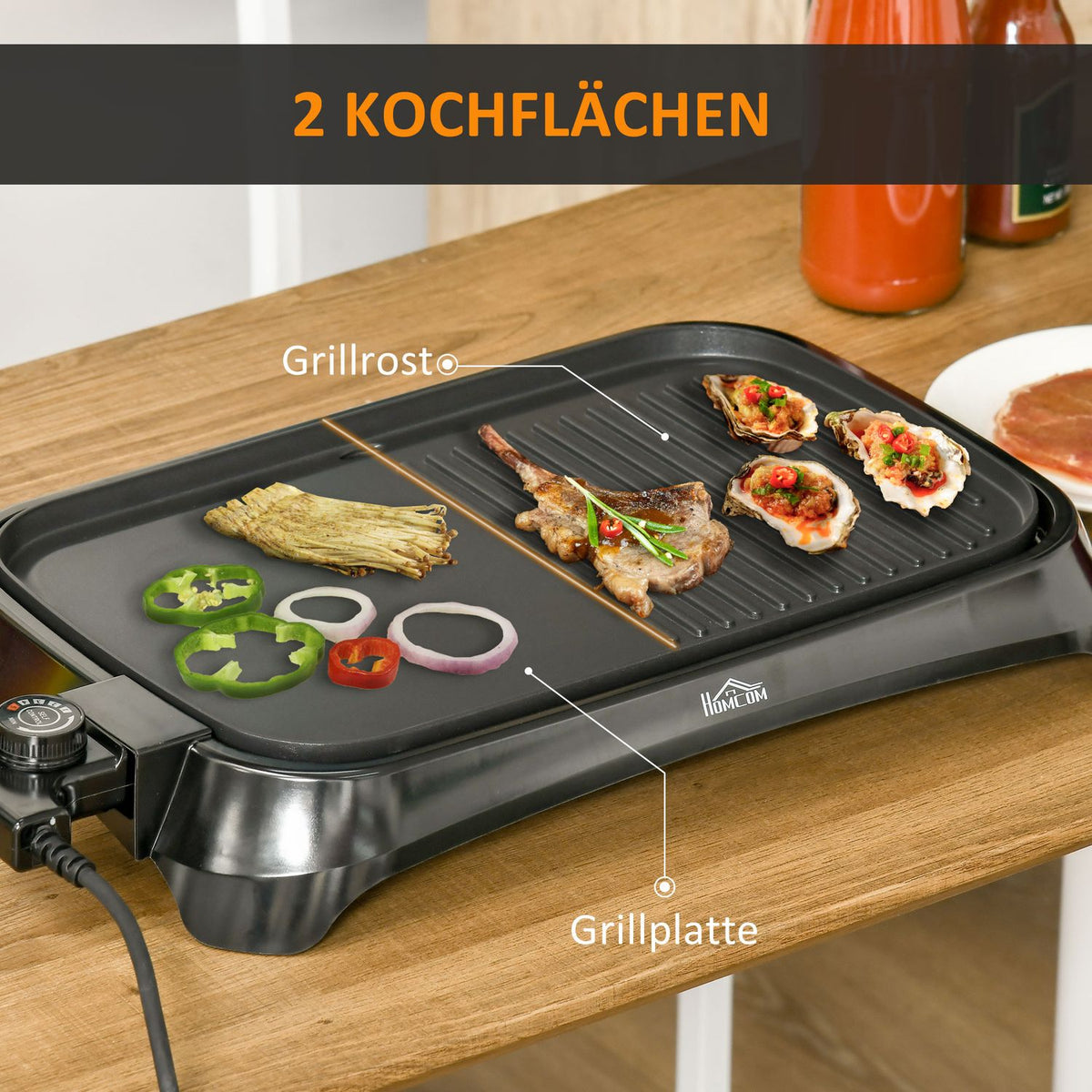 Electric Grill With Adjustable Thermostat Non-Stick Coating Grill Plate 1600 W Bbq Table Grill Teppanyaki With Drip Tray 53.5 X 31 X 8 Cm