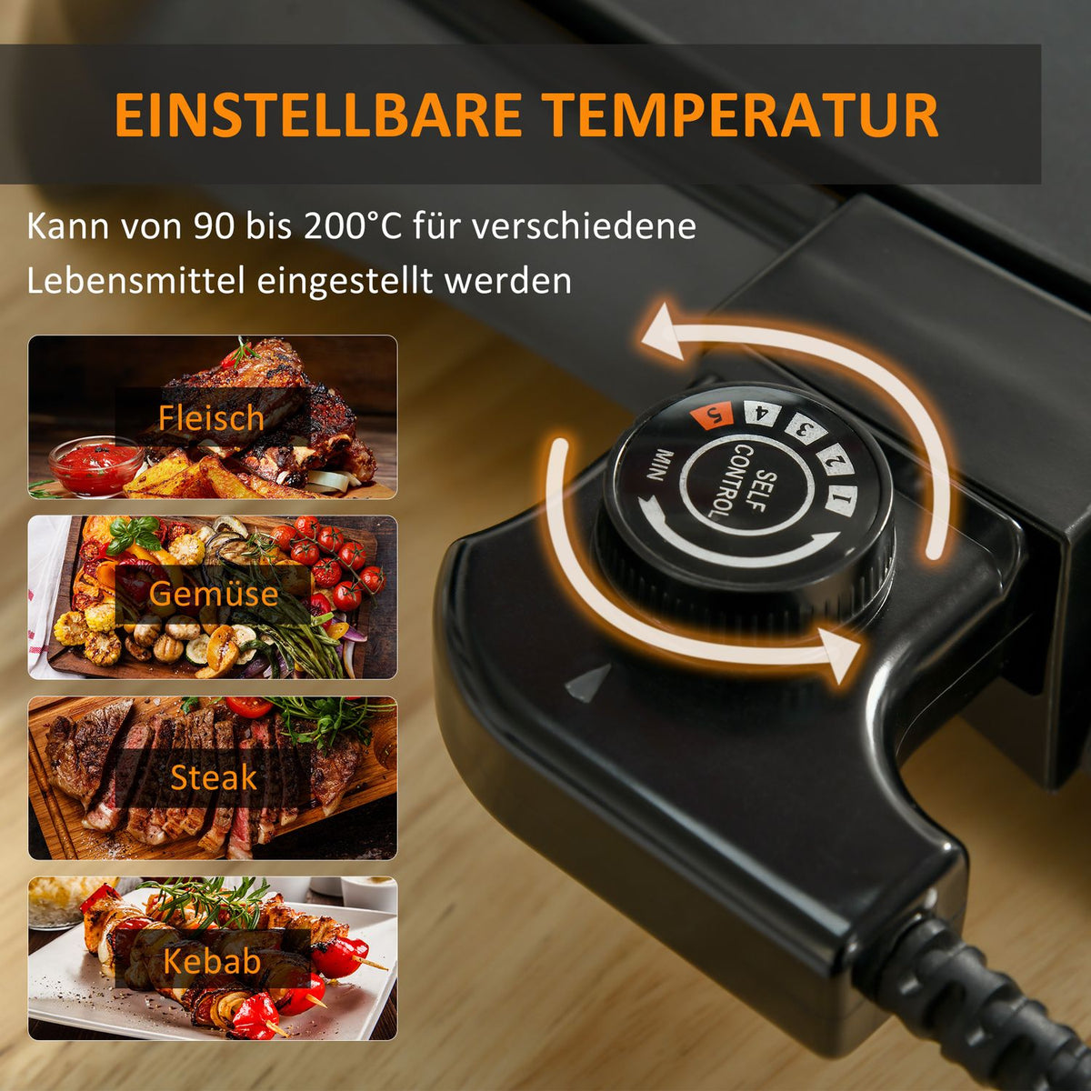 Electric Grill With Adjustable Thermostat Non-Stick Coating Grill Plate 1600 W Bbq Table Grill Teppanyaki With Drip Tray 53.5 X 31 X 8 Cm