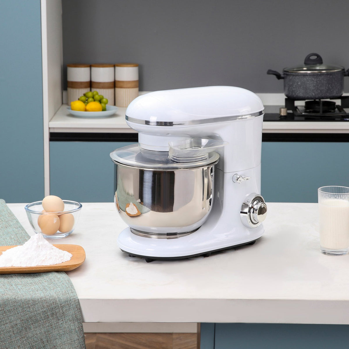 Electric Hand Mixer Set 2-In-1 Hand Mixer With Table Stand, 5.5L Mixing Bowl, 1200W, 6 Speeds, 304 Steel