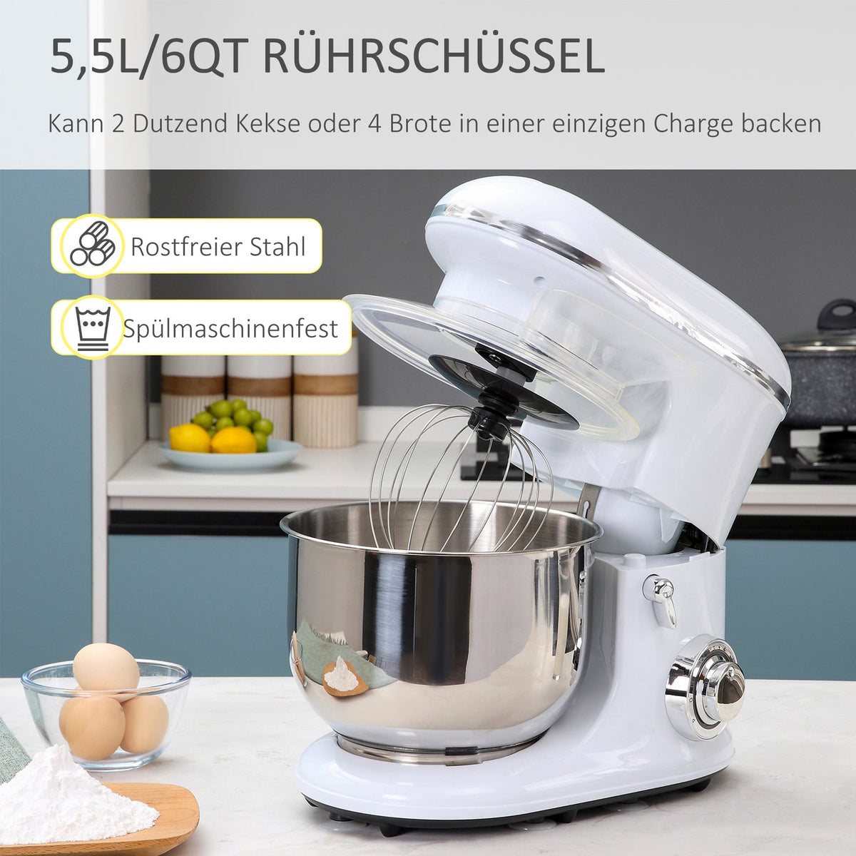 Electric Hand Mixer Set 2-In-1 Hand Mixer With Table Stand, 5.5L Mixing Bowl, 1200W, 6 Speeds, 304 Steel