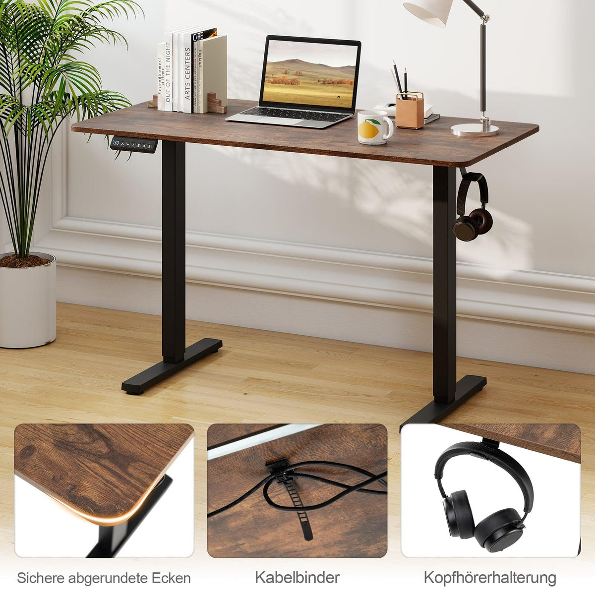 Electric Height-Adjustable Desk, 120 x 60 cm, Rustic Brown