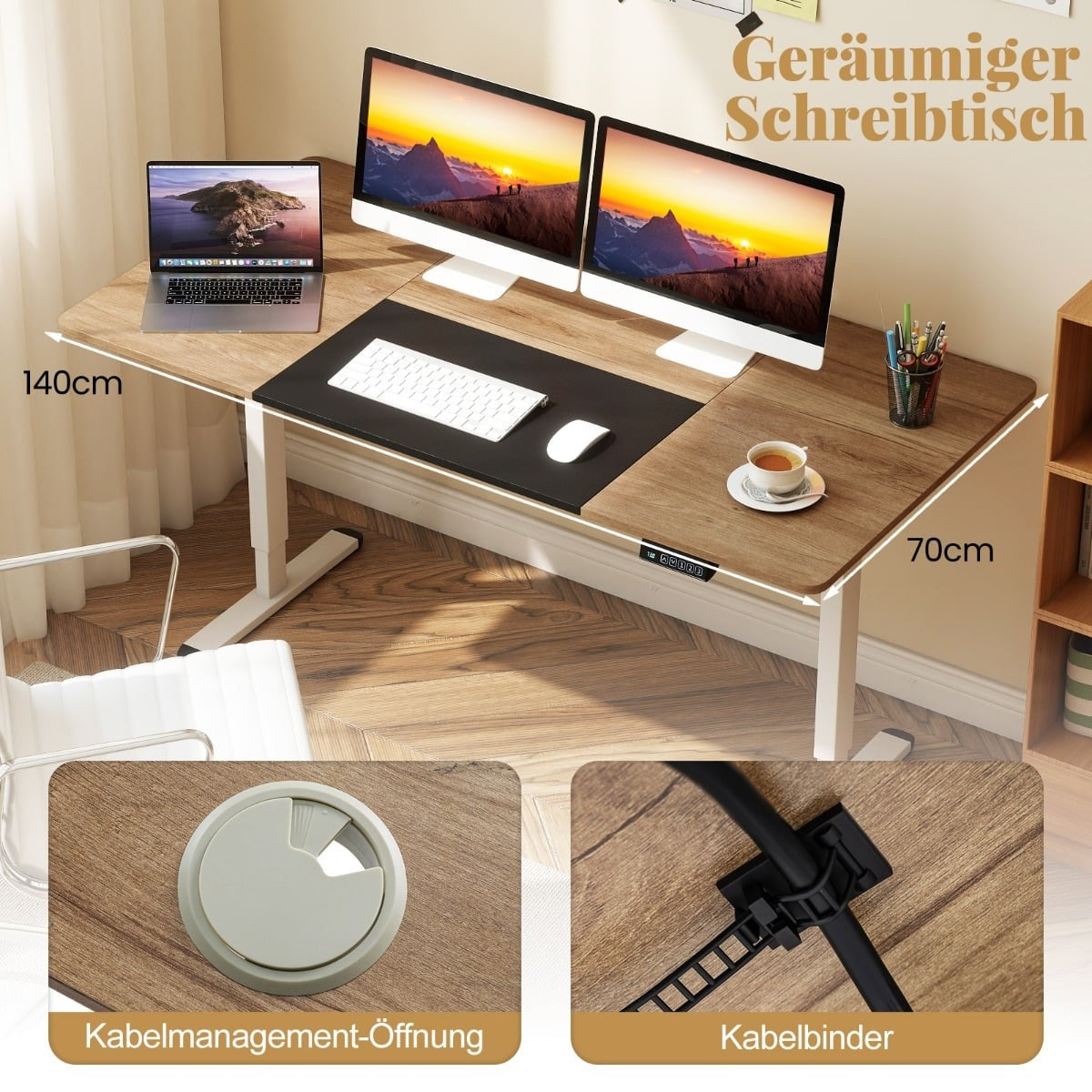 Electric Height Adjustable Desk, 140x70 cm, Beige