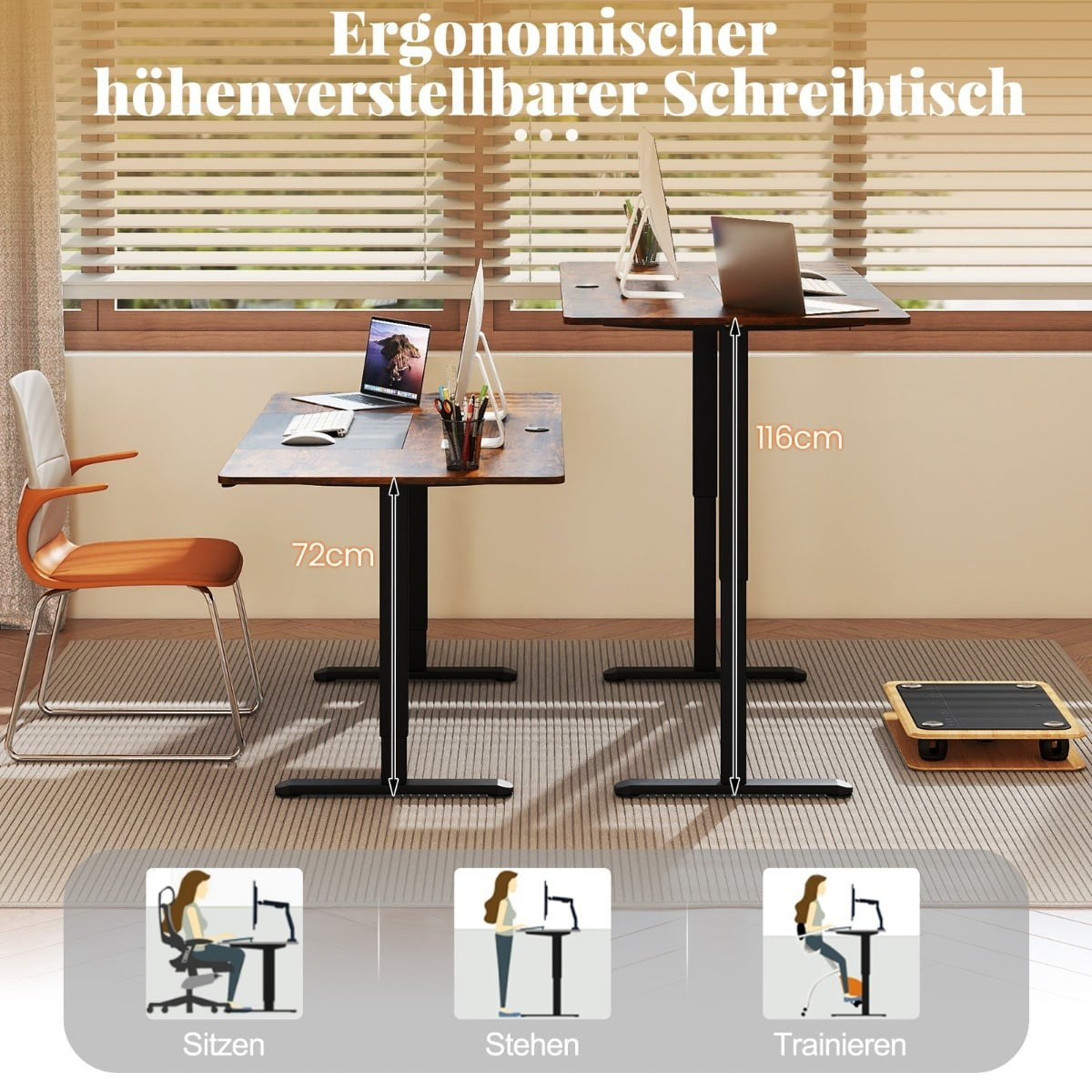 Electric Height Adjustable Standing Desk, 140x70 cm, Brown