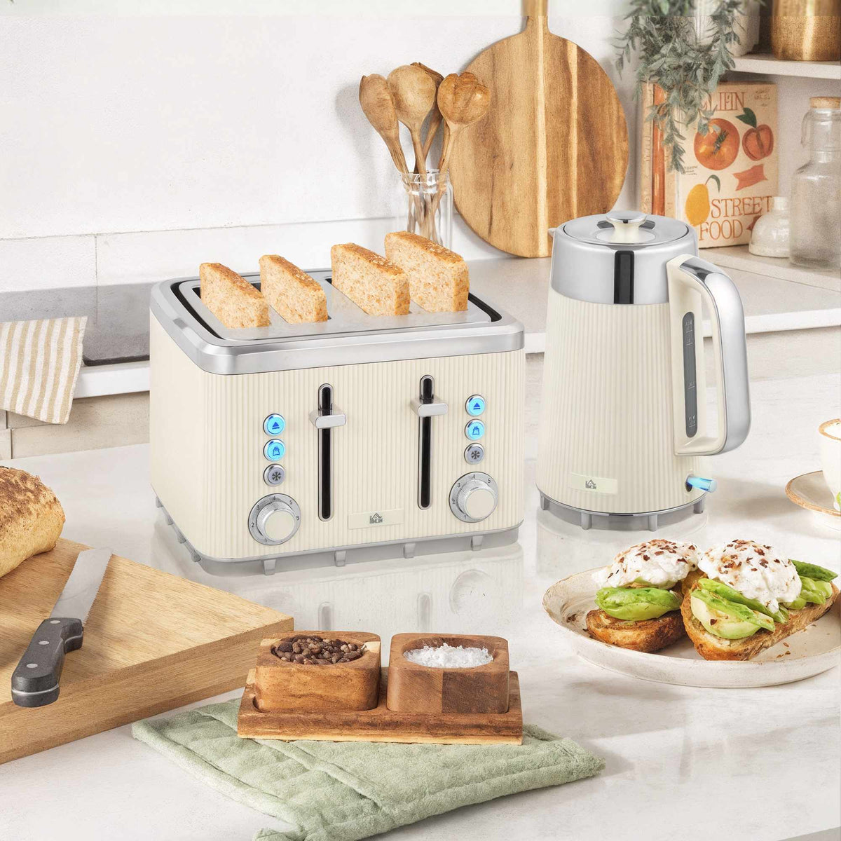 Electric Kettle 1.7L 2200W & 4-Slice Toaster, Cream White