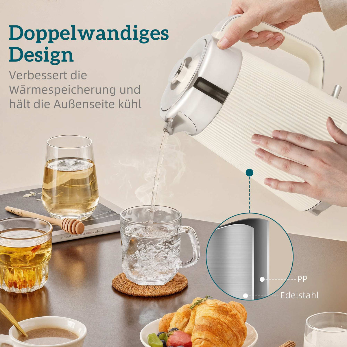 Electric Kettle 1.7L 2200W & 4-Slice Toaster, Cream White