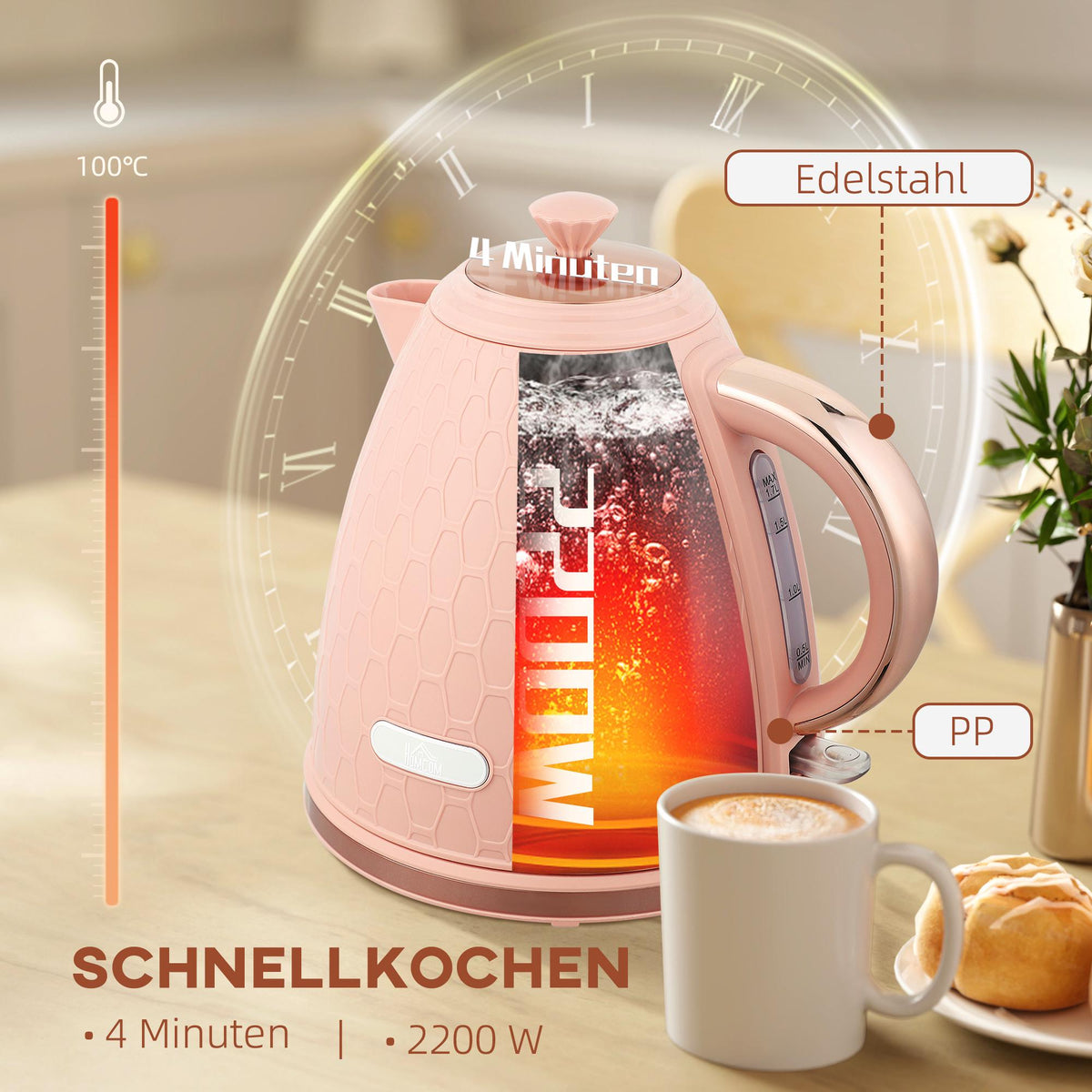 Electric Kettle 1.7L, Fast Boil, 2200W, Cordless, Pink