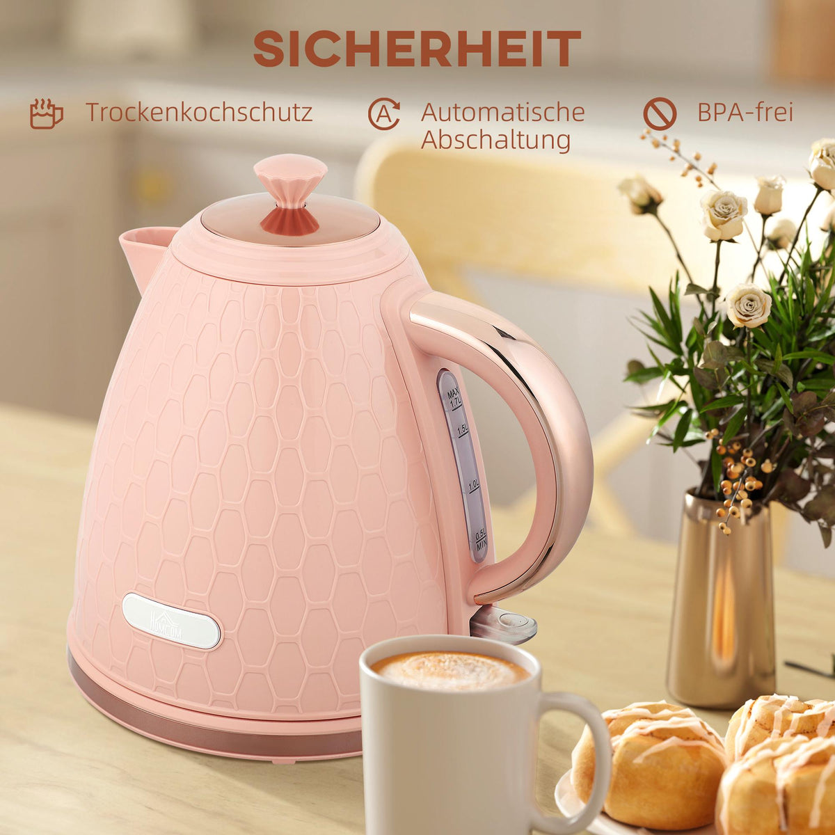 Electric Kettle 1.7L, Fast Boil, 2200W, Cordless, Pink